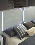 Cleburne LED Bedframe Contemporary Light Gray High-Gloss Finish with Marble & Gold Foil Accents