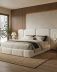 Newhaven Bed, Contemporary Ivory Boucle Upholstered Platform Bed with LED Lighting by FOA