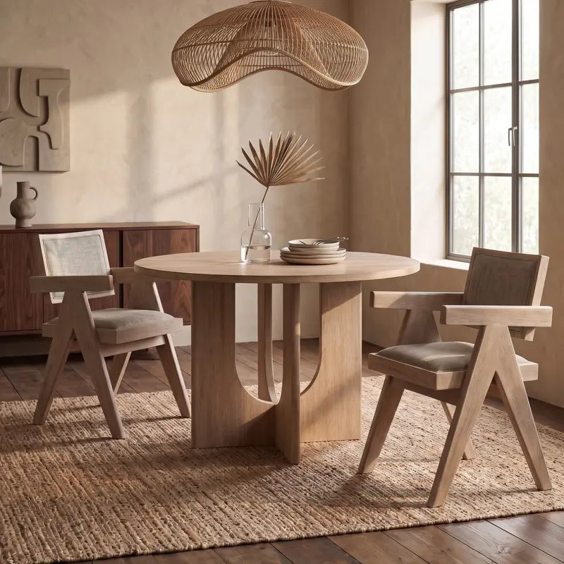 Modern Guisborough Arm Chair featuring a light gray upholstered foam-filled seat cushion and backrest, supported by a distinctive natural oak wood frame with a trestle base and inverted V-leg design, isolated on a white background.