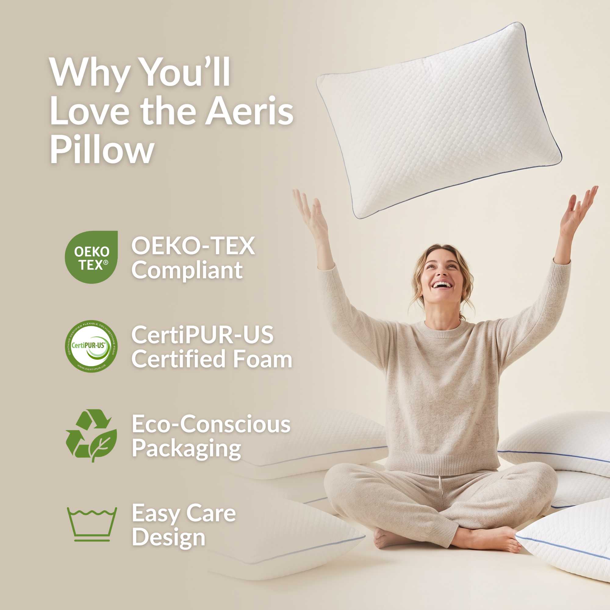 Aeris Memory Foam Pillow, Set of 2 Bed Pillows with Removable Cover and Pressure-Relieving Support by FOA