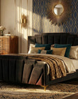 Floris Glam Platform Bed Frame with Art Deco Tufted Headboard Gold Legs