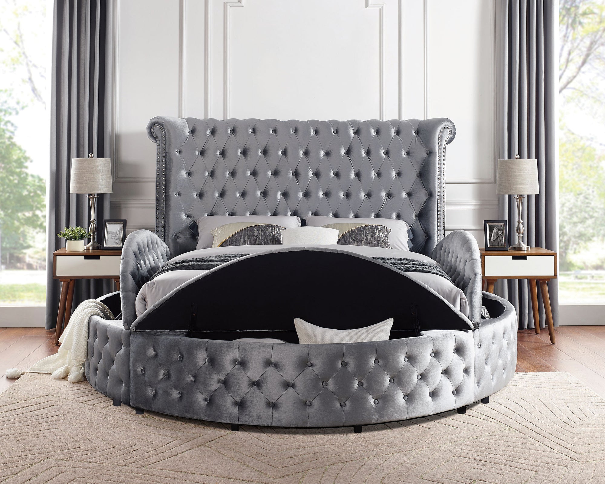 Velvora Platform Bed Frame with Storage Compartments, USB Ports &amp; Wingback Tufted Headboard