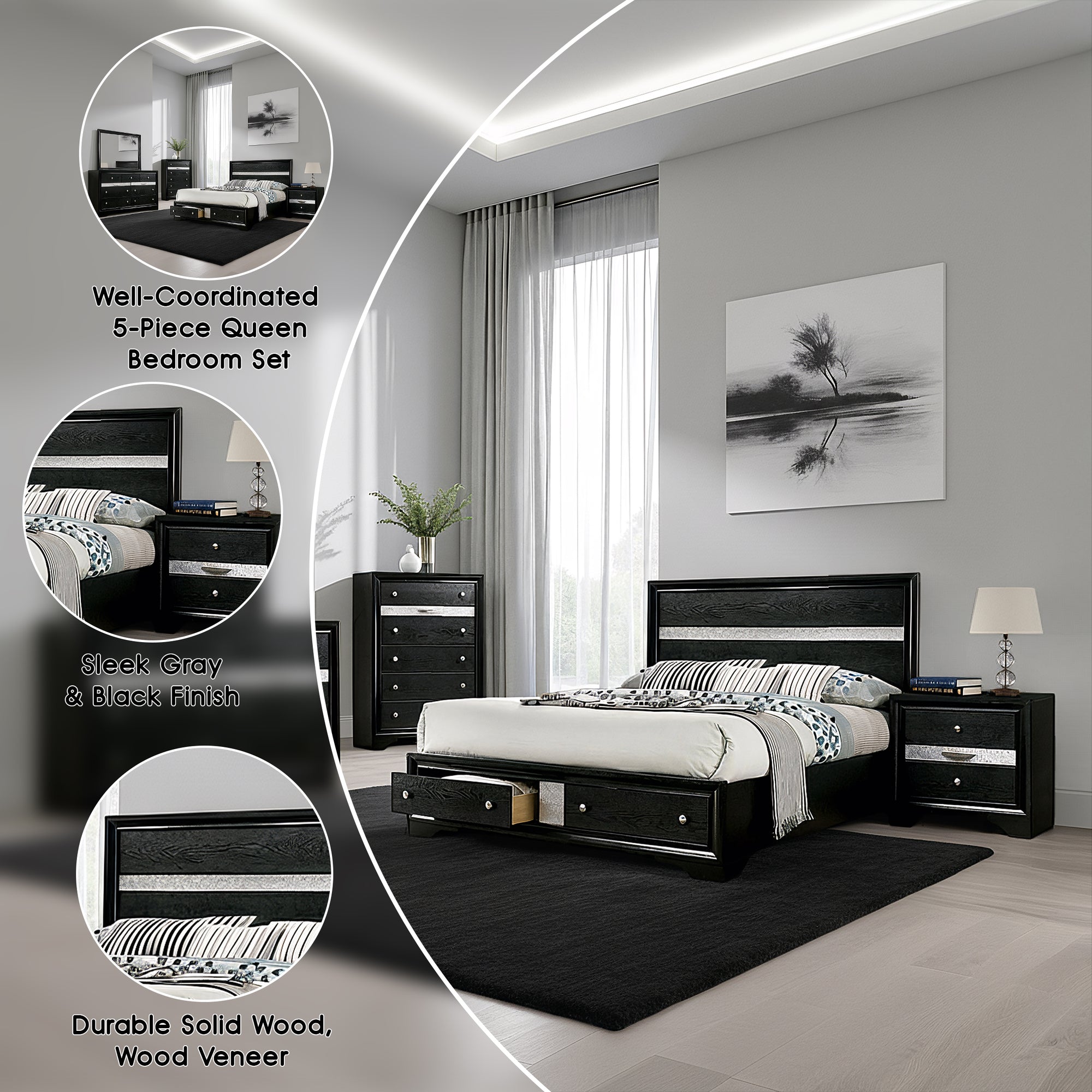 Livia Contemporary Bedroom Set, 5 Pieces