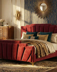 Floris Glam Platform Bed Frame with Art Deco Tufted Headboard Gold Legs