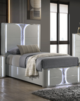 Cleburne LED Bedframe Contemporary Light Gray High-Gloss Finish with Marble & Gold Foil Accents