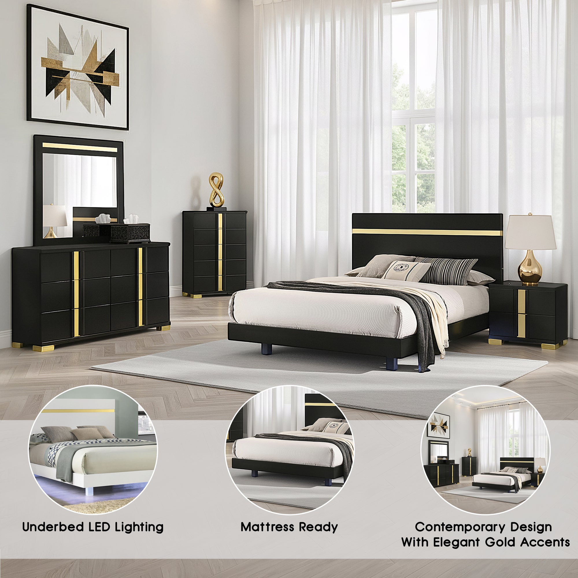 Vikholm Contemporary Bedroom Set, 5 Pieces