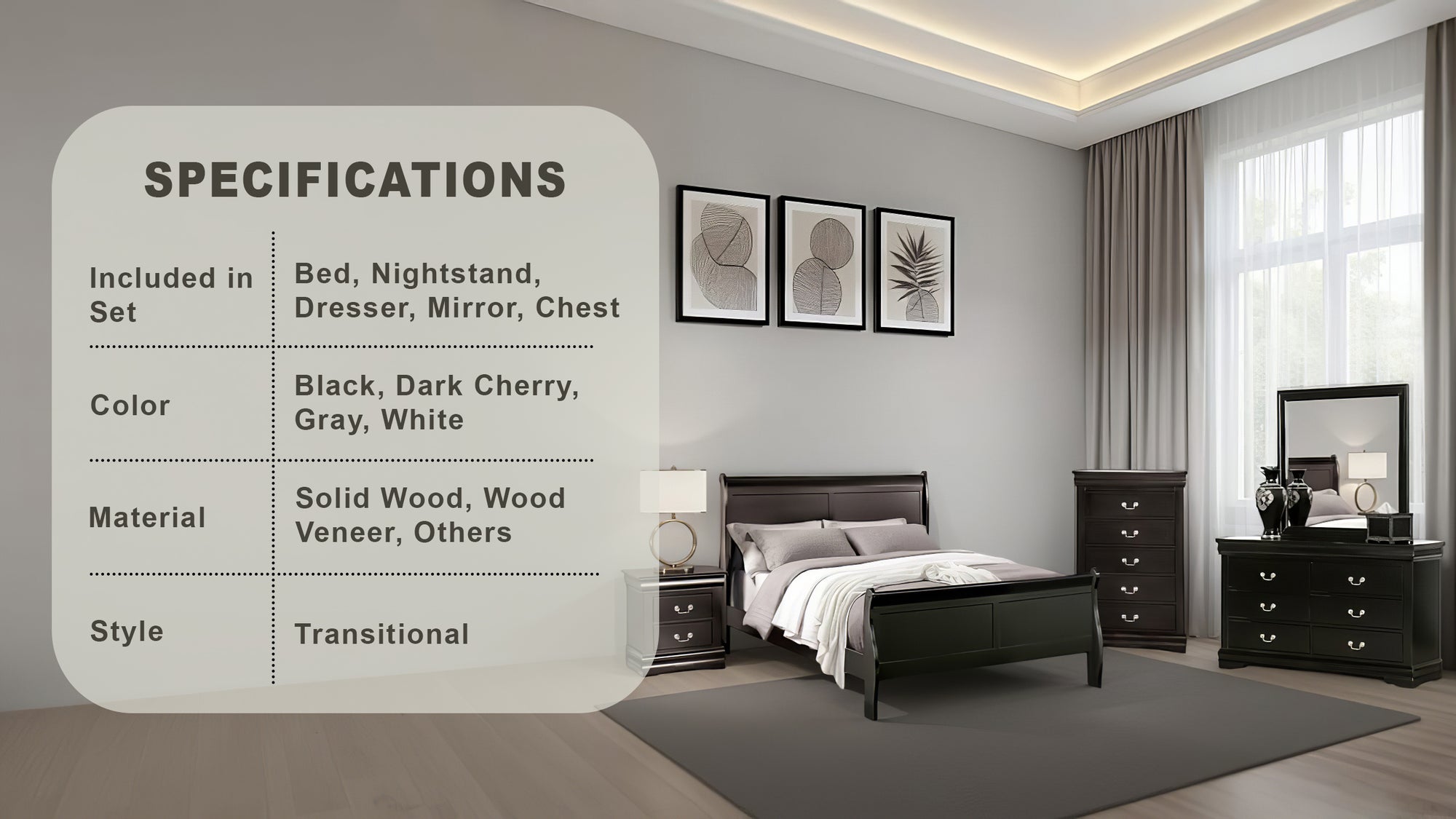 Duc De Savoie Transitional Bedroom Set, 5 Pieces