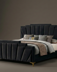 Floris Glam Platform Bed Frame with Art Deco Tufted Headboard Gold Legs