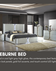 Cleburne LED Bedframe Contemporary Light Gray High-Gloss Finish with Marble & Gold Foil Accents