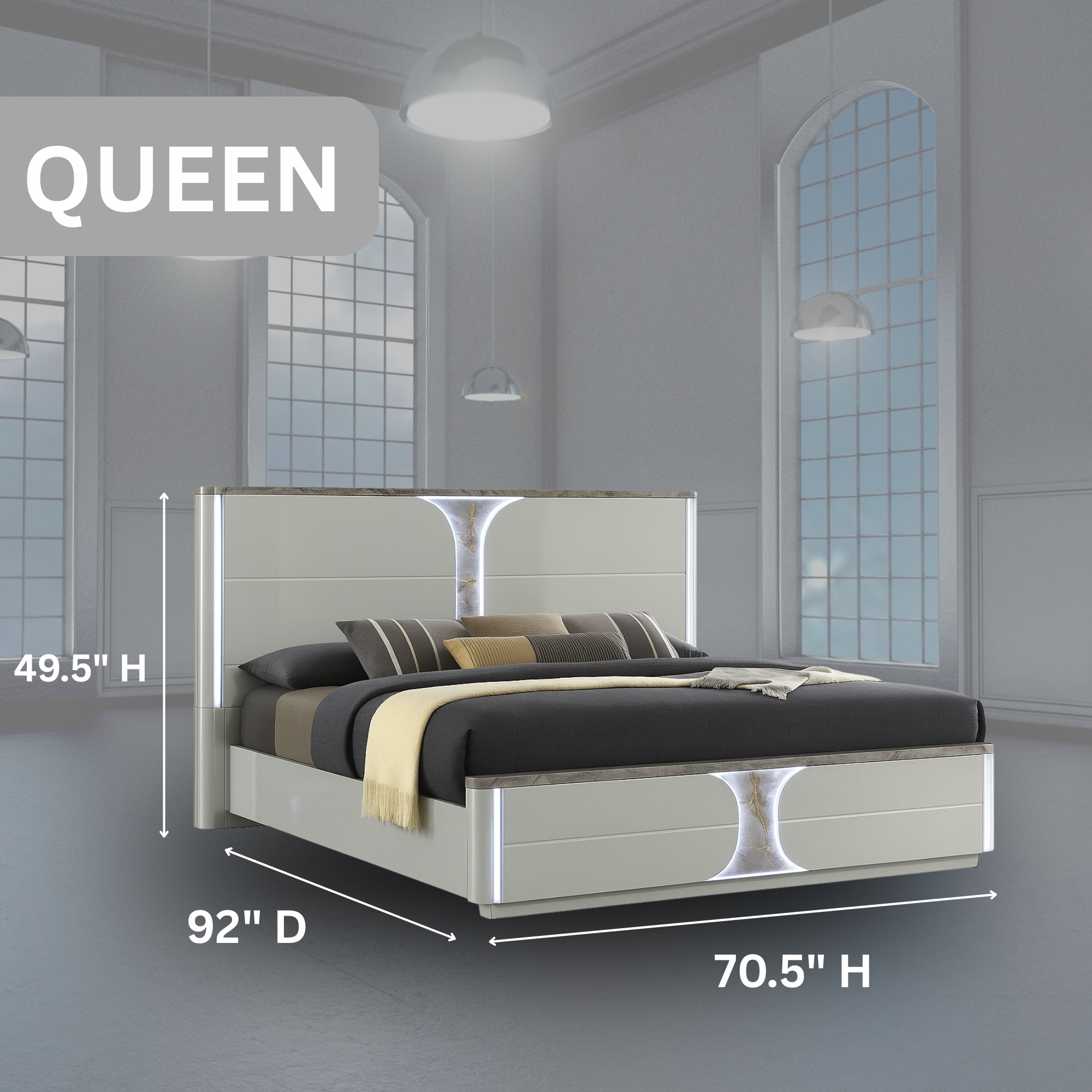 Cleburne LED Bedframe Contemporary Light Gray High-Gloss Finish with Marble &amp; Gold Foil Accents