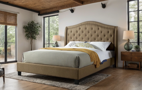 Carly Elegant Tufted Upholstered Camelback Platform Bed Frame