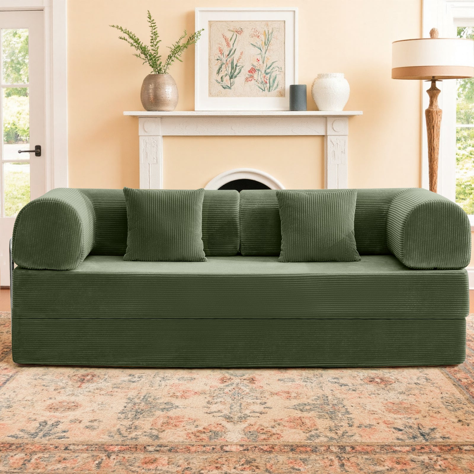 Perri 79" Modular Compressed Sofa with Corduroy Upholstery, Lumbar Pillows &amp; Metal Support By FOA