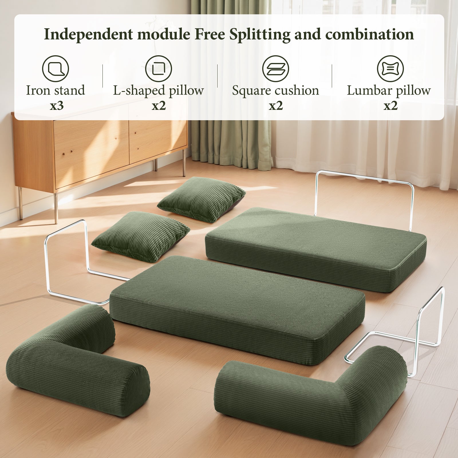 Perri 79" Modular Compressed Sofa with Corduroy Upholstery, Lumbar Pillows &amp; Metal Support By FOA